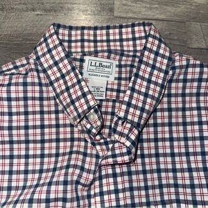 L.L. Bean Men's White, Red, and Blue Checkered Shirt